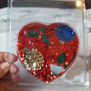 Vintage Sequined Satin Multicolor Heart Box Jewelry Trinket 3.5x3 inches